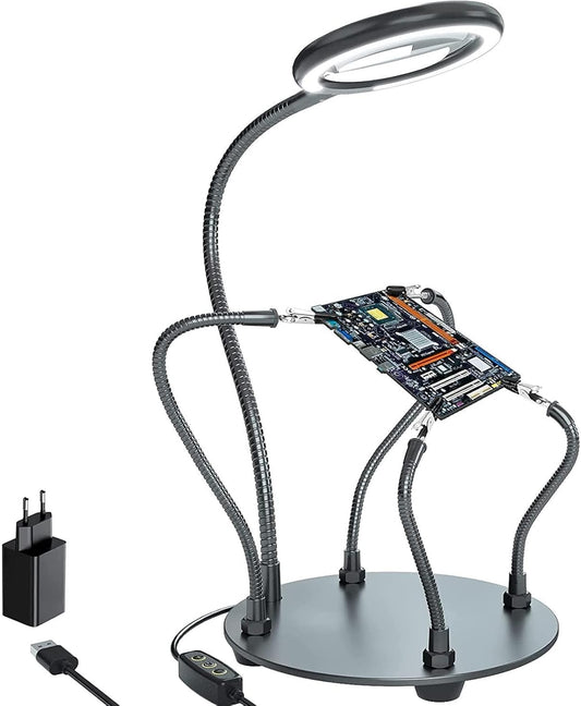 Magnifying Glass with Light, Third Hand Soldering, 3x Magnification Helping Hands Daylight Magnifying Lamp with Light with 28 Dimmable LEDs, Heavy Duty Base, 4 Flexible Helping Arms, Illuminated for