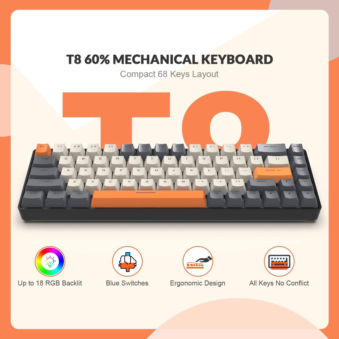 T8 60% Gaming Keyboard,68 Keys Compact Mini Wired Mechanical Keyboard with 18 Chroma RGB Backlit,Blue Switch,USB C Coiled Keyboard Cable,for PC,Laptop,Mac,PS4,Xbox-Dark Grey