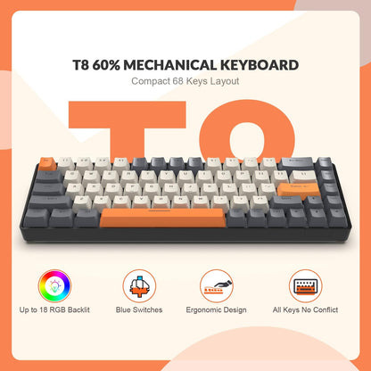 T8 60% Gaming Keyboard,68 Keys Compact Mini Wired Mechanical Keyboard with 18 Chroma RGB Backlit,Blue Switch,USB C Coiled Keyboard Cable,for PC,Laptop,Mac,PS4,Xbox-Dark Grey