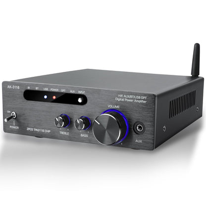 HiFi Amplifier, 2000W Mini HiFi Amplifier, 2.0 Channel 100W*2 Bluetooth 5.3 TPA3116 Chip Stereo Audio Amplifier, Digital Power Amplifier Sound Amplifier, Opt/AUX/USB Card Input, for Home or Car