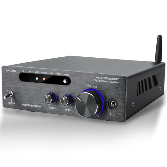 HiFi Amplifier, 2000W Mini HiFi Amplifier, 2.0 Channel 100W*2 Bluetooth 5.3 TPA3116 Chip Stereo Audio Amplifier, Digital Power Amplifier Sound Amplifier, Opt/AUX/USB Card Input, for Home or Car