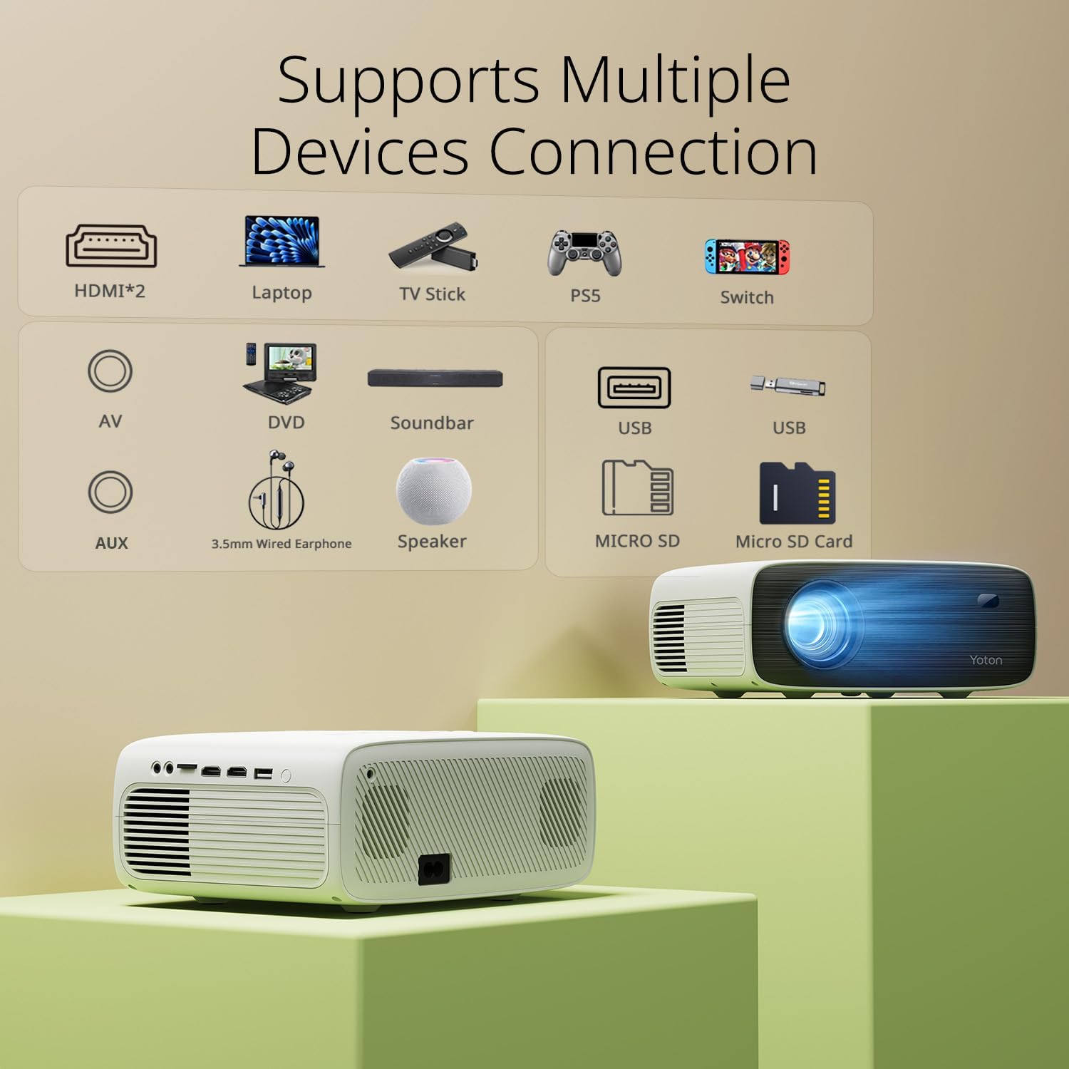YOTON Y6 Bluetooth Projector 4K with Tripod, Projector Native 1080P 18000 Lumens, Bluetooth 5.2 Portable Home Video Movie Projector Compatible with iOS/Android/HDMI/USB/AV/SD Card, for Home Cinema