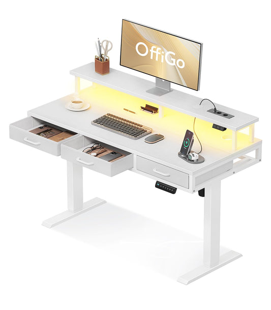 Birou reglabil OffiGo 120 x 54 cm alb cu 3 sertare si USB