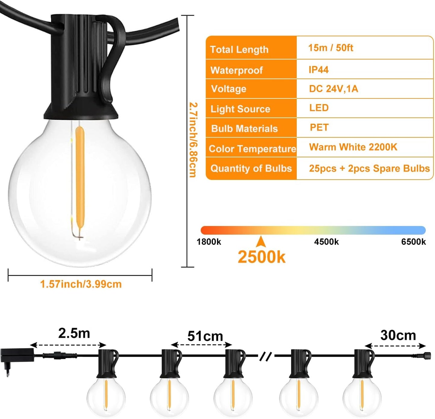 Outdoor Fairy Lights with Remote Control - 15 m LED Fairy Lights Dimmable G40 Bulbs, 4 Modes and Timmer Function, Waterproof for Outdoor Garden Balcony Patio Party Camping Wedding