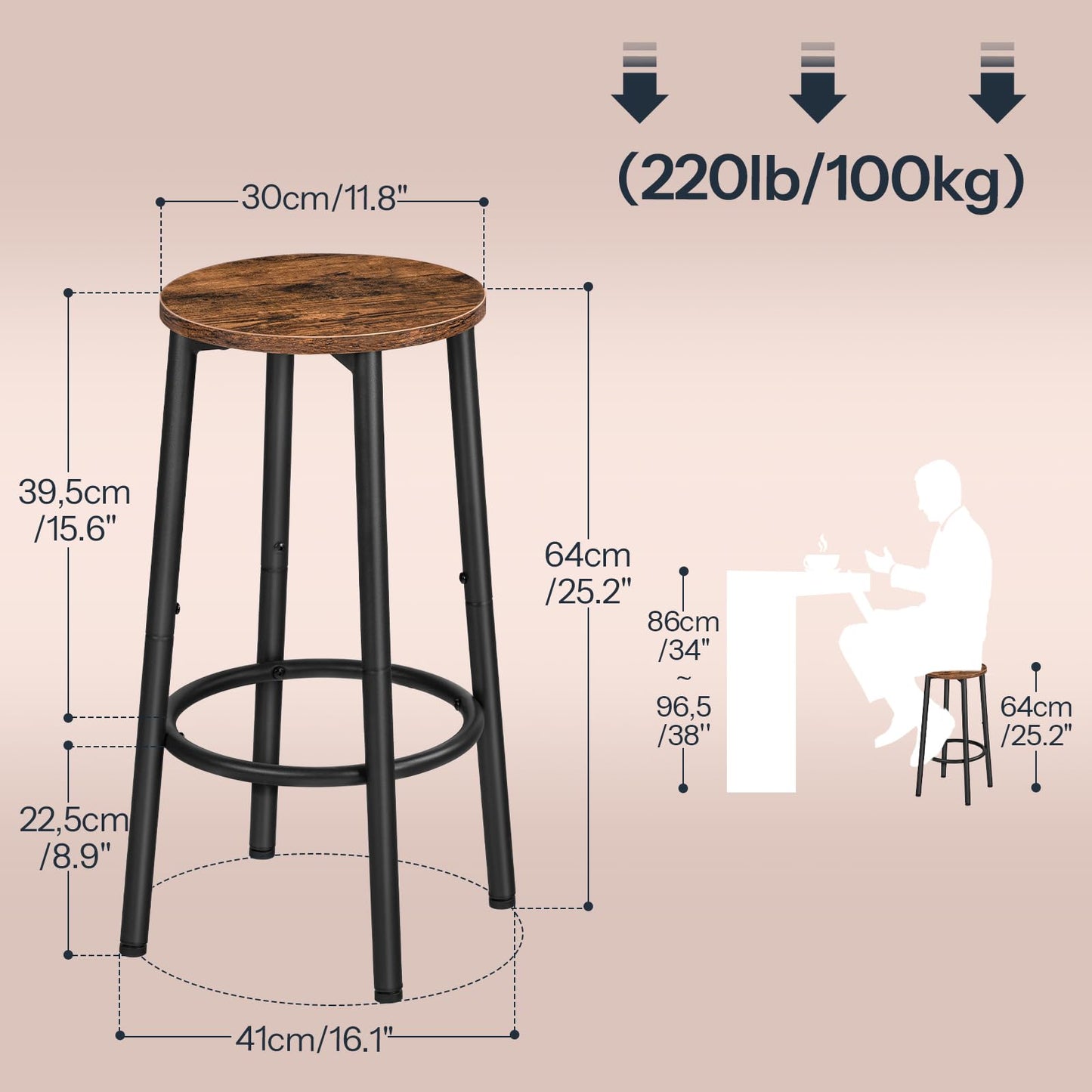 Scaune de bar HOOBRO BF03BYP401 Set 4 Rustic Brown 25.2 inch
