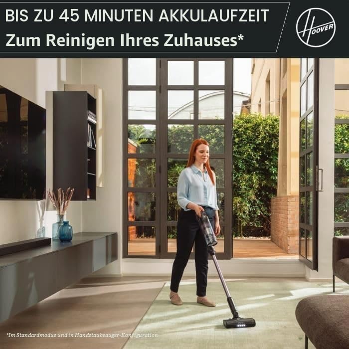 Aspirator vertical fara fir Hoover HF1P10H, 40 AW, ecran LED, negru/violet pastel