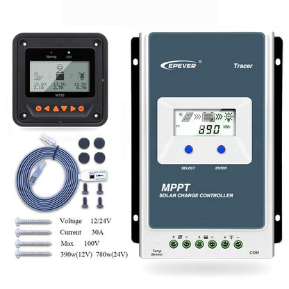 EPEVER MPPT Solar Charge Controller Tracer A Series 10A/20A/30A/40A with 12V/24V DC Automatically Identifying System Voltage (30A+MT50)