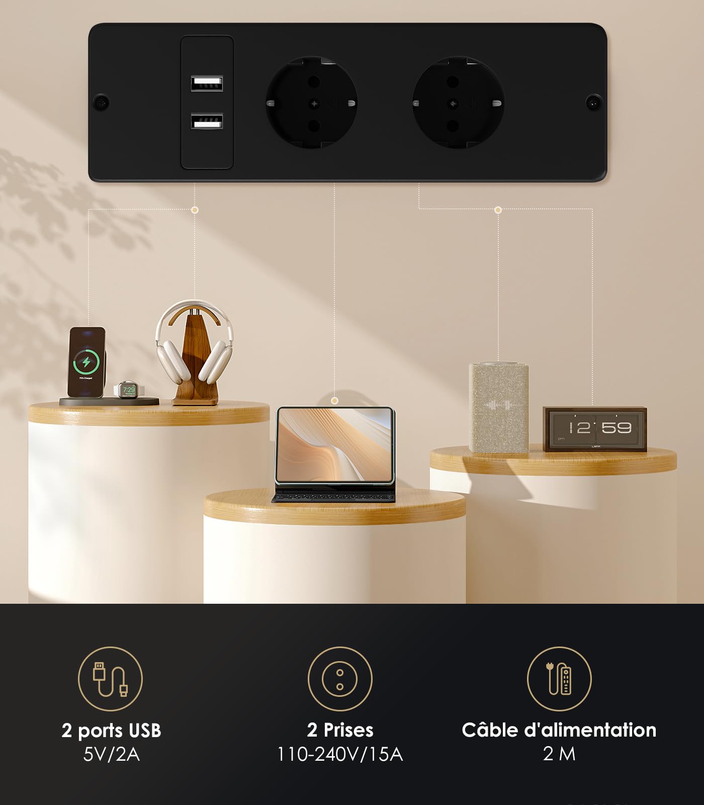 Birou electric OffiGo 140 cm cu 3 sertare, USB, LED
