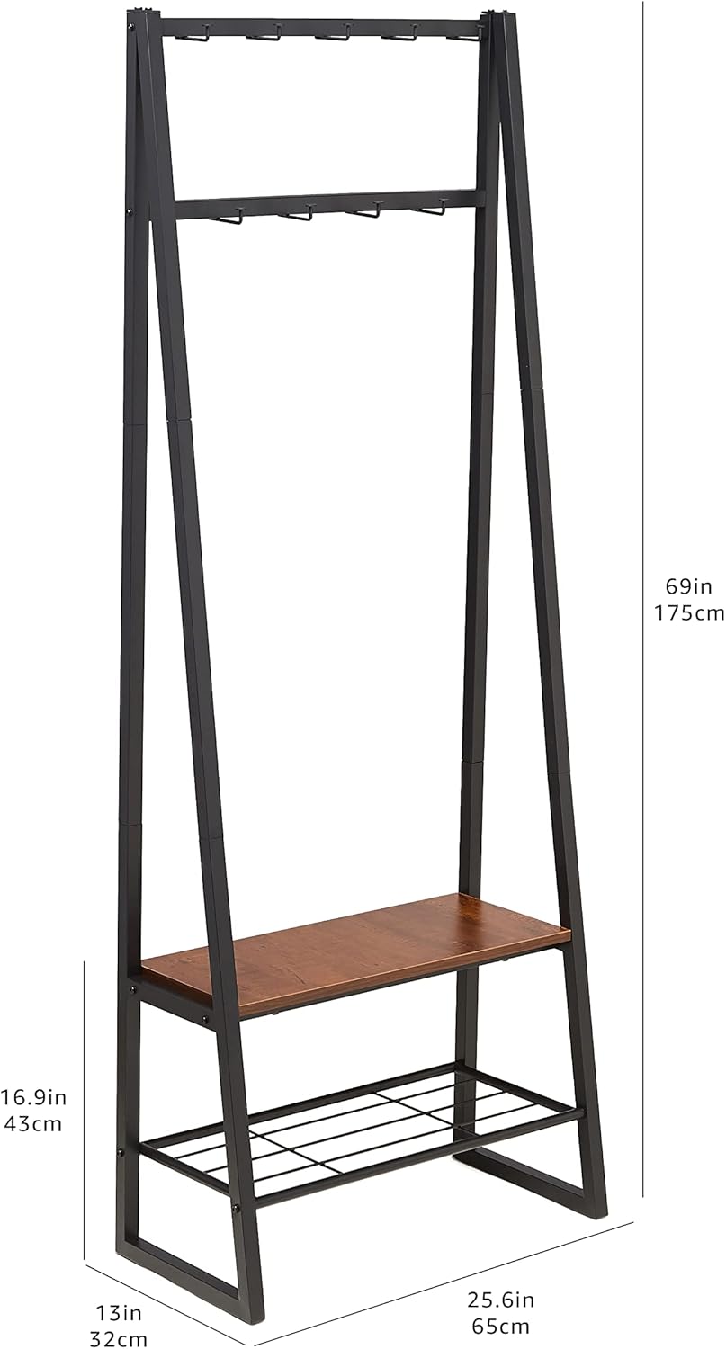 Cuier Amazon Basics cu 9 carlige, banca pentru pantofi si 2 niveluri de depozitare, negru, 65 x 33 x 170,1 cm