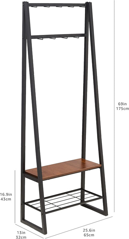 Cuier Amazon Basics cu 9 carlige, banca pentru pantofi si 2 niveluri de depozitare, negru, 65 x 33 x 170,1 cm