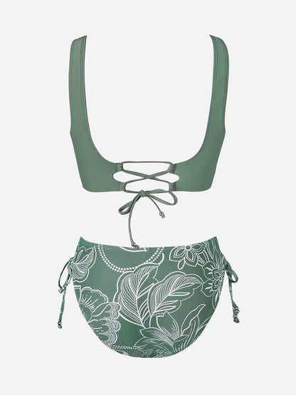 Costum de baie bikini CUPSHE cu aspect petrecut si snur, model floral, doua piese, marimea XL, verde inchis
