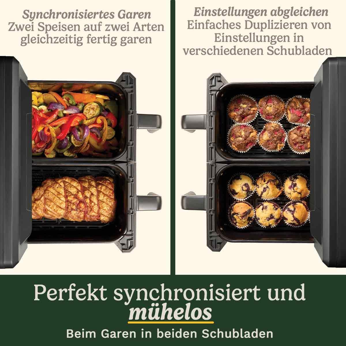 Friteuza cu aer cald cu 2 camere XXL, 10,4 L (5,2 L + 5,2 L), fara PFAS, neagra cu fereastra de vizualizare