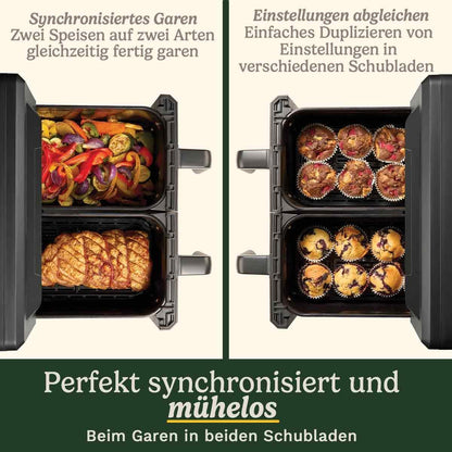 Friteuza cu aer cald cu 2 camere XXL, 10,4 L (5,2 L + 5,2 L), fara PFAS, neagra cu fereastra de vizualizare