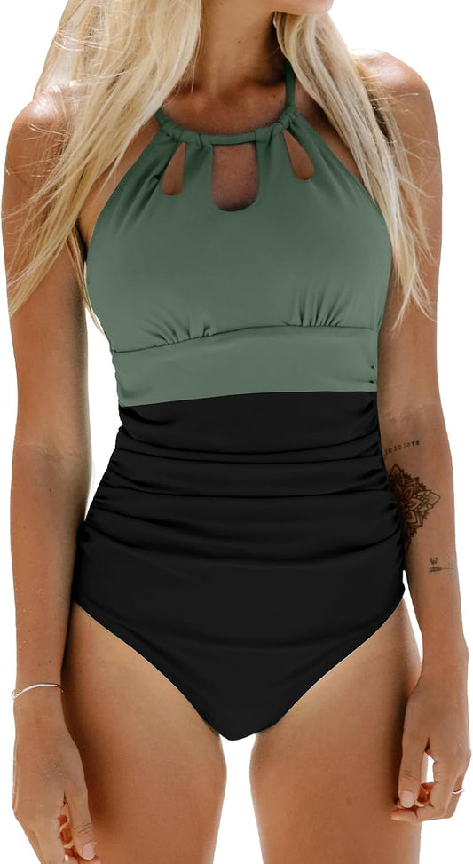 Costum de baie dama CUPSHE cu guler inalt, decupaje decorative si volane, marimea S, negru/verde