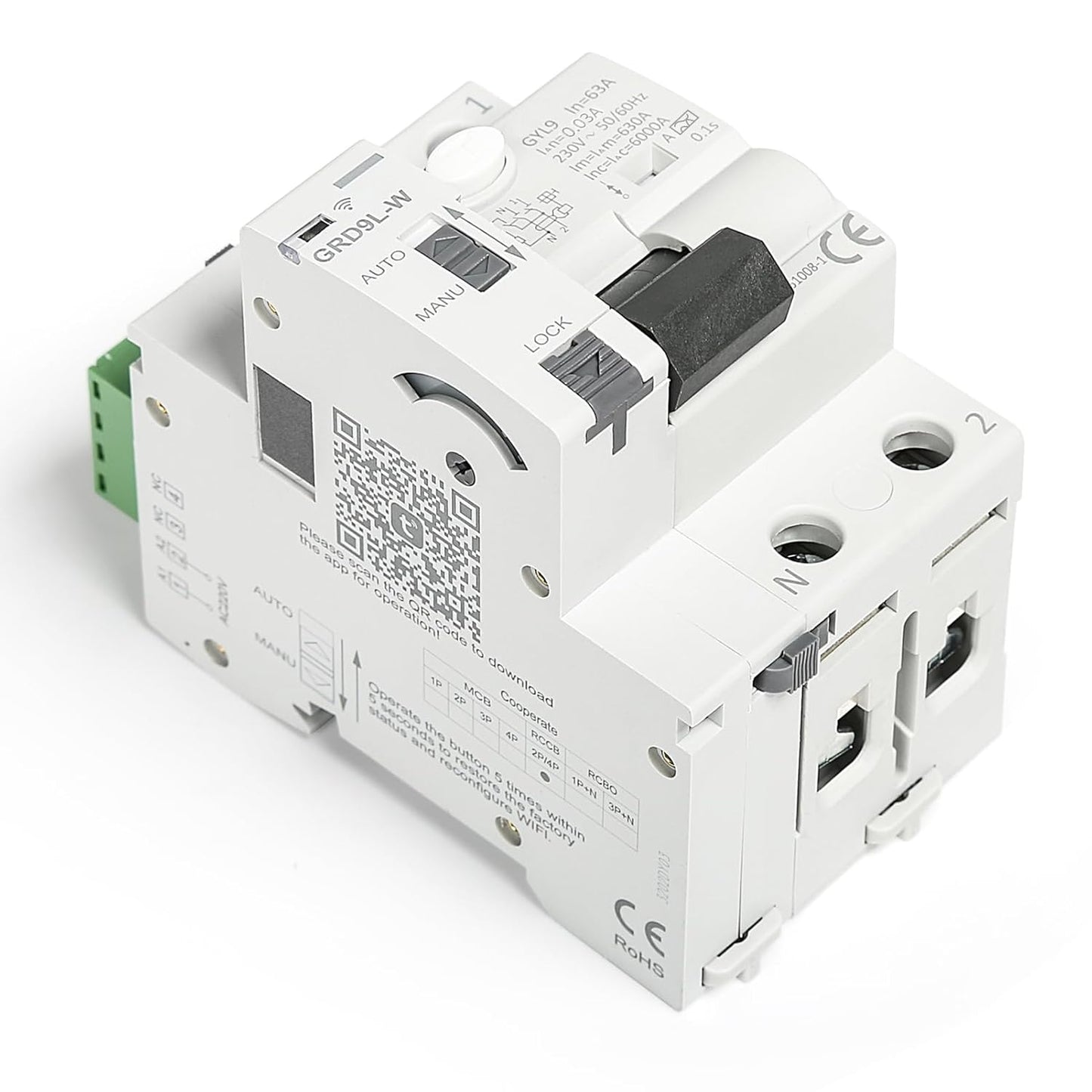 DEWIN FI Circuit Breaker, GRD9L-W Smart WiFi Circuit Breaker Manual/APP Remote Control Smart Switch 2P 63A 30mA AC 230V
