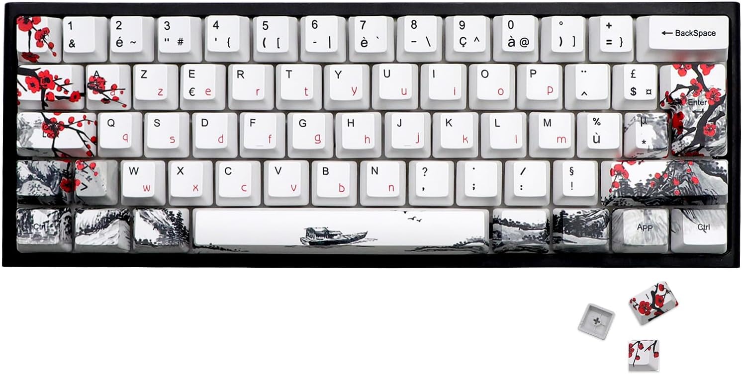 JSJT Plum Blossom Keycaps 128 Keys French Keycaps PBT OEM Profile Custom Keycaps for 61/68/87/96/104/108 Cherry MX Switches Mechanical Keyboard