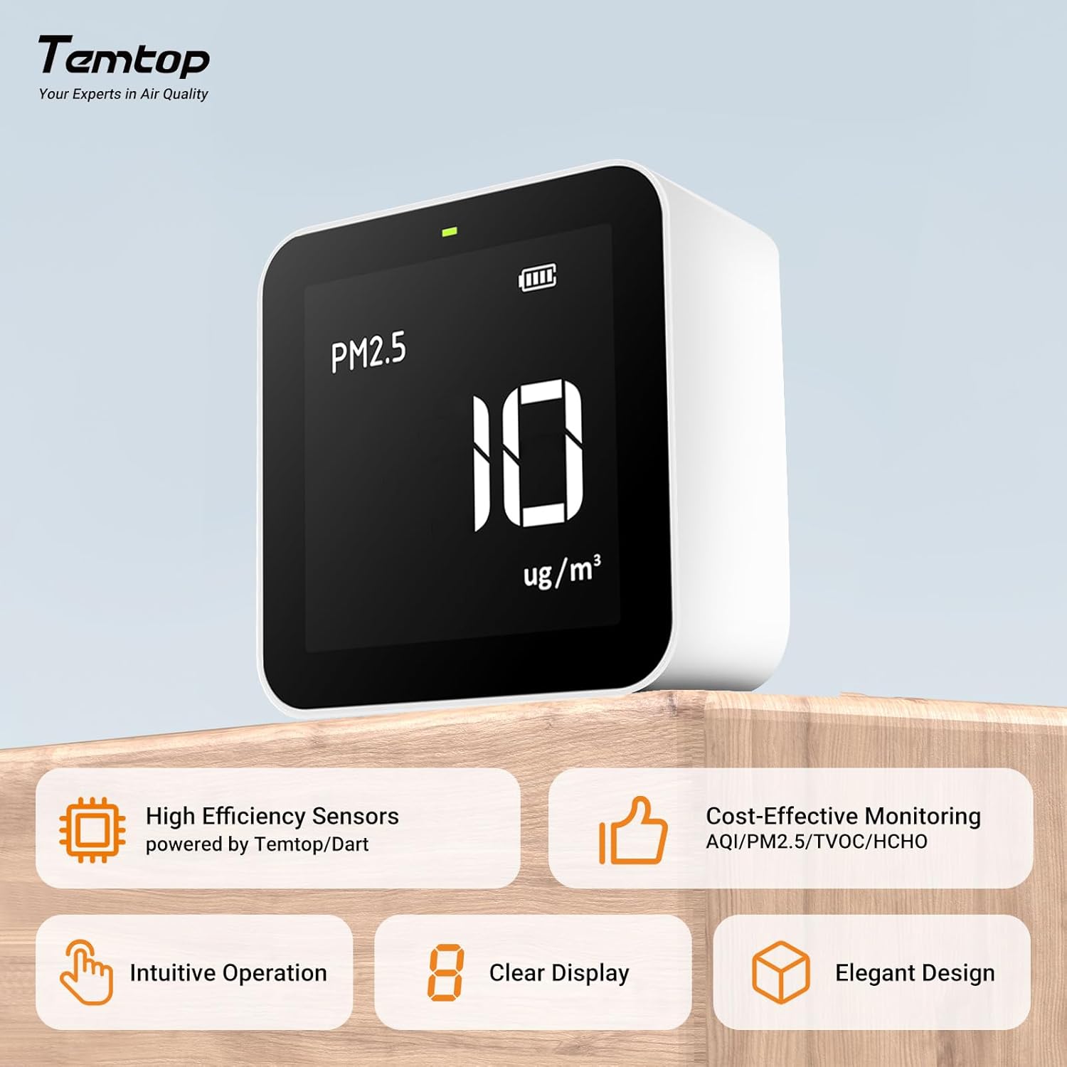 Temtop M10 Air Quality Monitor Indoor Air Quality Tester AQI PM2.5 VOCs Formaldehyde Detector for Home Air Testing, US Certified Air Sensor