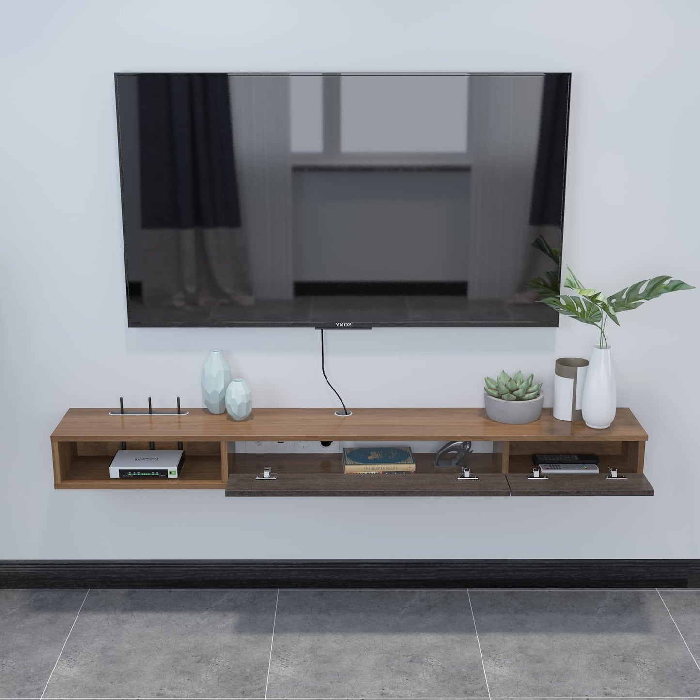 Comoda TV Suspendata din lemn 180 cm Maro Inchis - Raft Flotant Perete