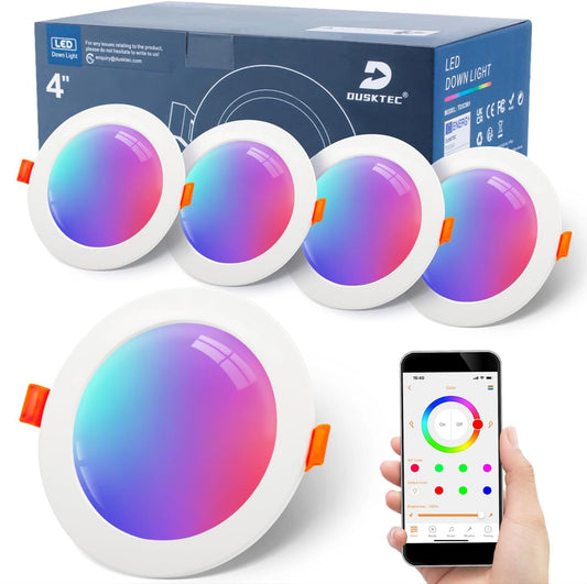 DUSKTEC Smartee LED Spotlight RGB, LED Recessed Spotlight, 230 V Flat, Alexa Compatible, Bluetooth Ceiling Spotlights, Colour Changing, 10 W, 1000 LM, IP44 Recessed Lights, White, Dimmable with App