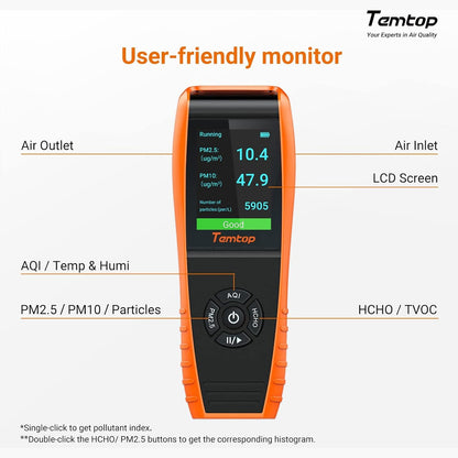 Temtop Air Quality Monitor Detects PM2.5 PM10 Formaldehyde TVOC AQI Temperature Humidity Tester Particle Counter Indoor Outdoor Air Pollution Detector with Data Export, LKC1000S+ 2nd