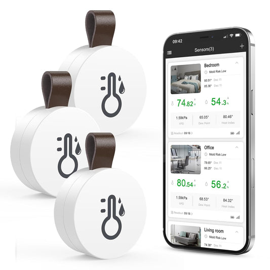 ORIA Wireless Thermometer Hygrometer, Mini Bluetooth 5.0 Temperature Humidity Sensor with Data Export and Alerts for iOS Android, Smart Real-Time Records for Baby Room, Wine Cellar (3 PCS)