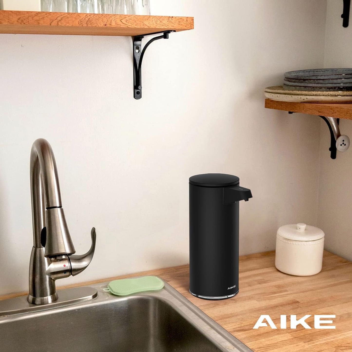 AIKE AK1333 280ml/9.5oz Automatic Soap Dispenser USB Rechargeable, Stainless Steel Soap Dispenser, Touchless Hand Soap Dispenser Liquid for Bathroom and Kitchen Matte Black