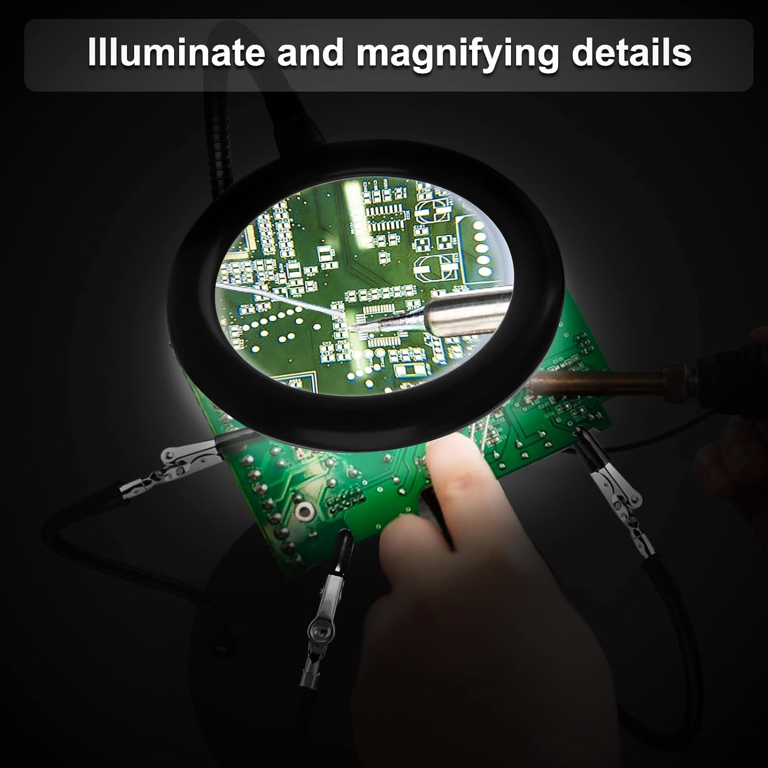 Magnifying Glass with Light, Third Hand Soldering, 3x Magnification Helping Hands Daylight Magnifying Lamp with Light with 28 Dimmable LEDs, Heavy Duty Base, 4 Flexible Helping Arms, Illuminated for