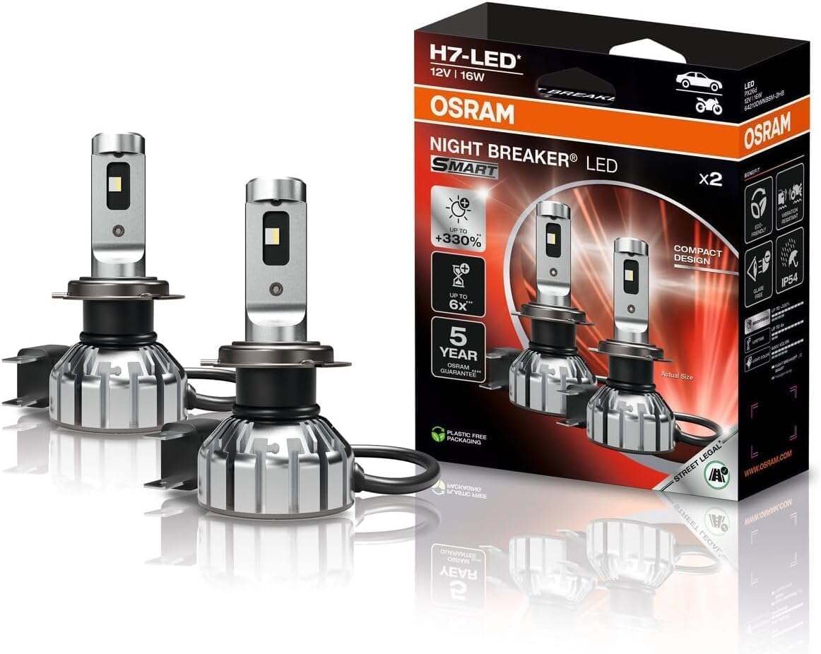 Osram Night Breaker LED Smart H7; up to 330% more brightness; 6000 K, 12 V, LED high and low beam with road approval, white