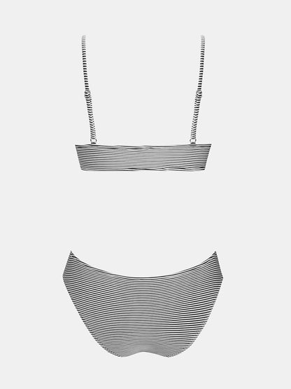 Costum de baie din doua piese CUPSHE cu design triunghiular si banda lata sub bust, marimea M, alb/negru in dungi