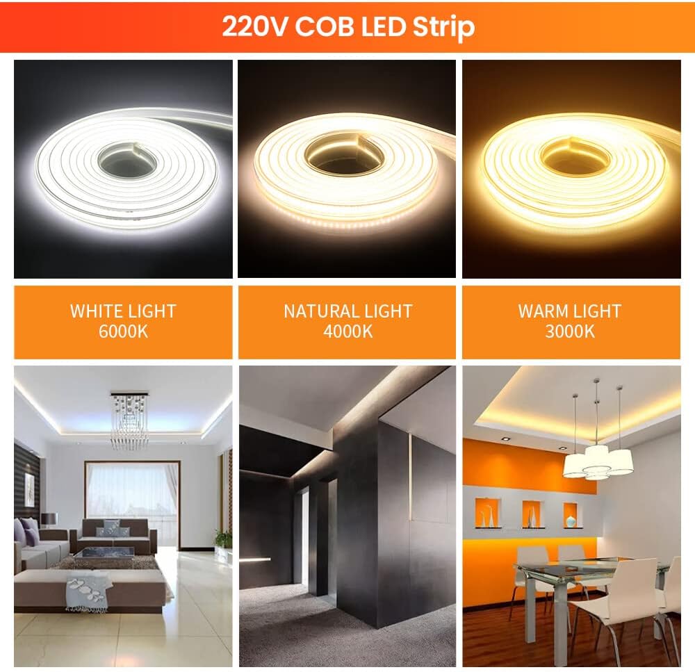 COB LED Strip with Switch, XUNATA 360Leds/m IP65 Waterproof 230V Super Bright Flexible LED Strip Light for Cabinet, Kitchen, Bedroom, Home Decoration DIY (White, 10M)