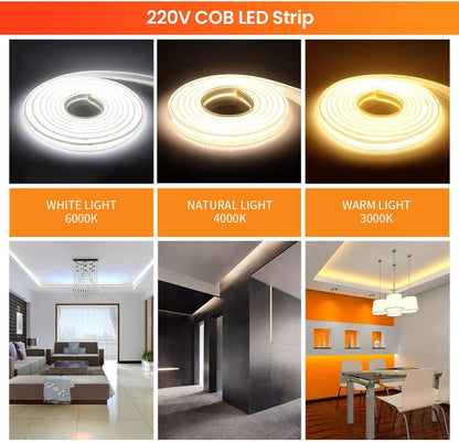COB LED Strip with Switch, XUNATA 360Leds/m IP65 Waterproof 230V Super Bright Flexible LED Strip Light for Cabinet, Kitchen, Bedroom, Home Decoration DIY (White, 10M)