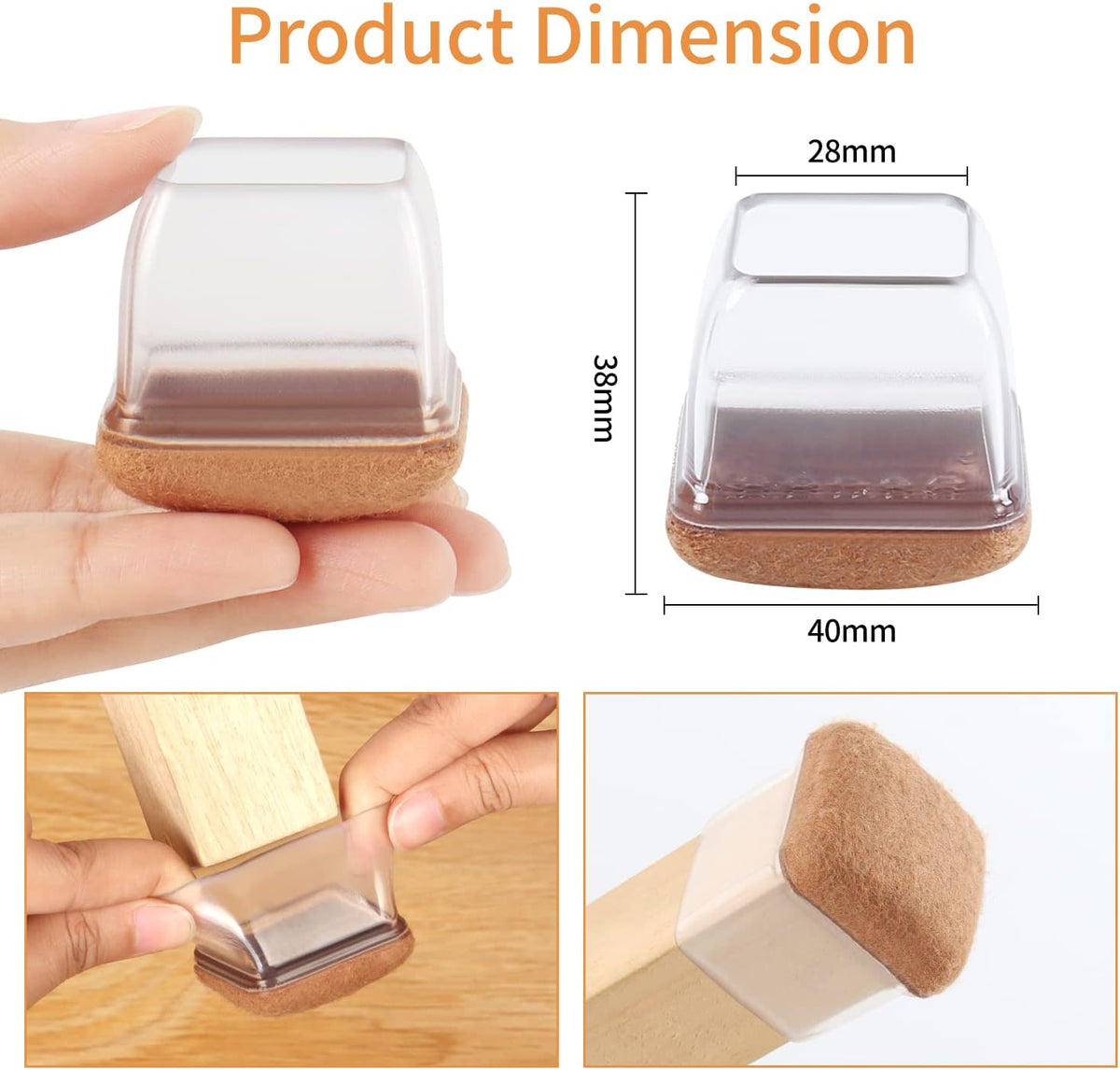 Capace patrate RCHYFEED pentru picioare de scaun, silicon transparent maro cu pasla, marimea Large, 2,8-3,4 cm, set 24 bucati
