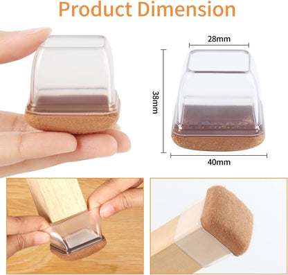 Capace patrate RCHYFEED pentru picioare de scaun, silicon transparent maro cu pasla, marimea Large, 2,8-3,4 cm, set 24 bucati