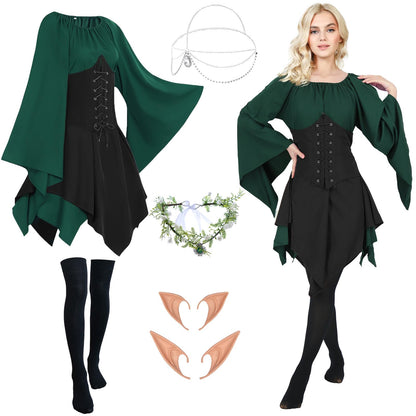 FOVER Medieval Gothic Clothing Women's Traditional Irish Dress Renaissance Green Dresses Carnival Halloween Costume Pirate Cosplay Outfit with Head Chain Flower Wreath Elf Ears Overknee Socks