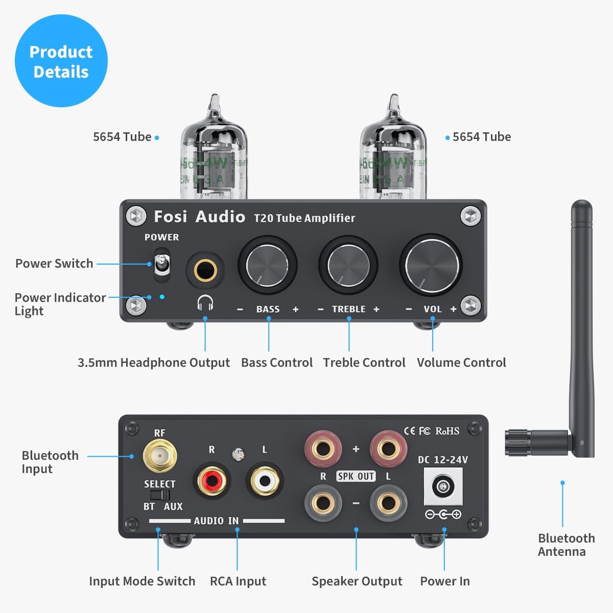 Fosi Audio T20 Bluetooth Tube Amplifier, Stereo Headphone Amplifier 2 Channel, Class D Digital Mini Hi-Fi aptX Compact Integrated Power Amp for Home Passive Speakers with 5654W Vacuum Tubes