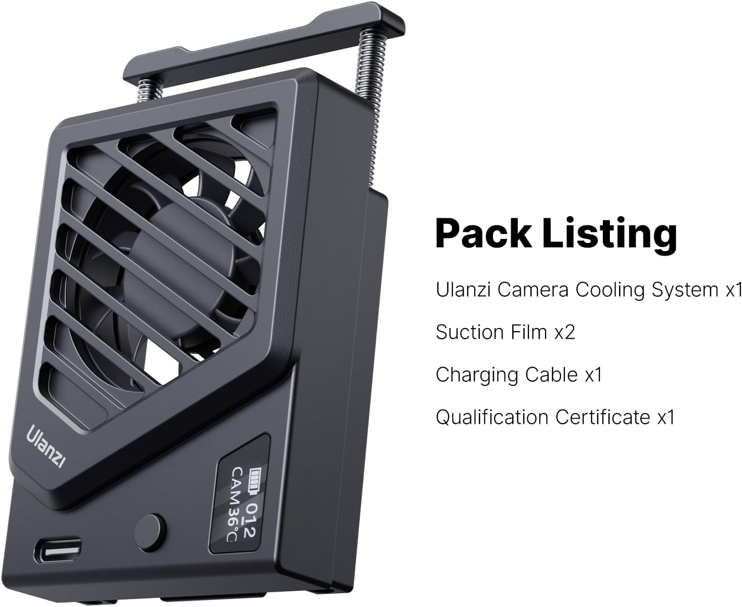 ULANZI Camera Cooling Fan Black New, Spring Telescopic Mounting Adjustable Mini Intelligent Cooling Fan Real-time Monitoring with Type-C Charging Port, Compatible with Sony Canon FUJIFILM Nikon