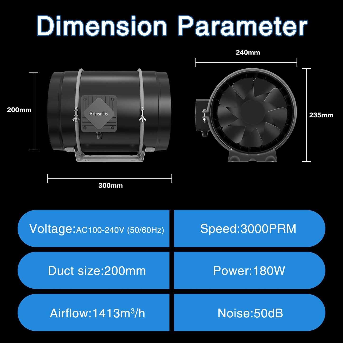Brogachy 200mm intelligent Inline Duct Fan with Wifi App,Three-phase motor(UK plug) Quiet Exhaust Fan 1413 m³/h,8 Inch Inline Fan for Growth Tent, Hydroponics, Home Use, Ventilation and Exhaust Fan.