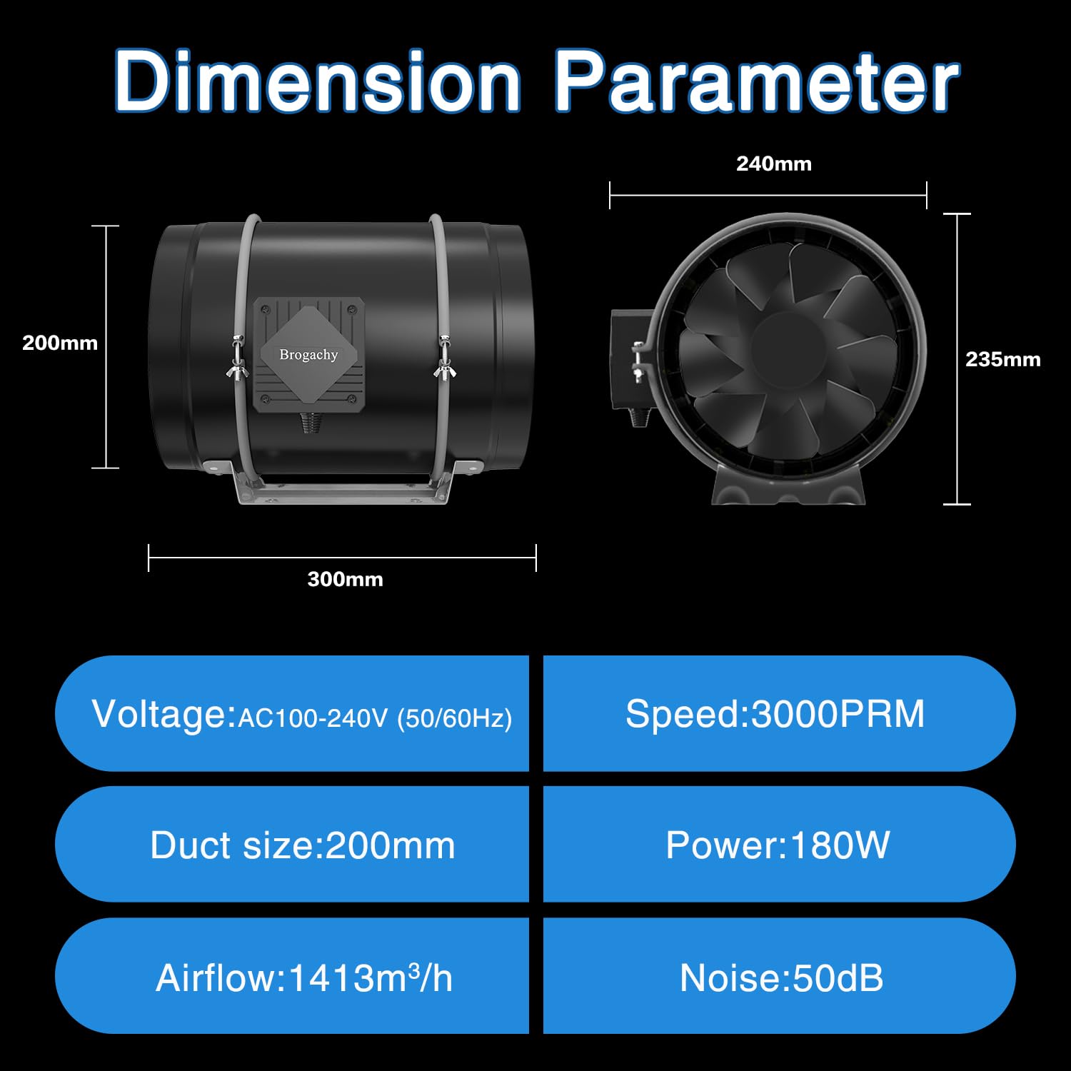 Brogachy 200mm intelligent Inline Duct Fan with Wifi App,Three-phase motor(UK plug) Quiet Exhaust Fan 1413 m³/h,8 Inch Inline Fan for Growth Tent, Hydroponics, Home Use, Ventilation and Exhaust Fan.