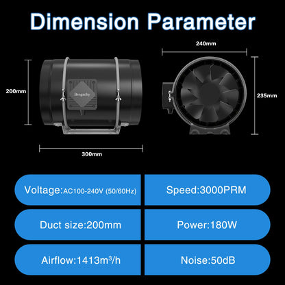 Brogachy 200mm intelligent Inline Duct Fan with Wifi App,Three-phase motor(UK plug) Quiet Exhaust Fan 1413 m³/h,8 Inch Inline Fan for Growth Tent, Hydroponics, Home Use, Ventilation and Exhaust Fan.