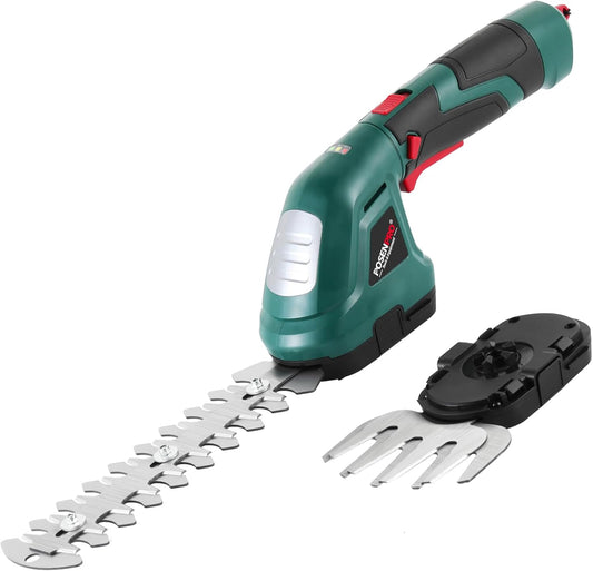 POSENPRO Akku Gras- und Strauchschere, 2 in 1 kabellose Grasschere 7,2V 1,5Ah Akku-Gartenschere, Mini Heckenschere für Garten und Höfe mit Ladegerät
