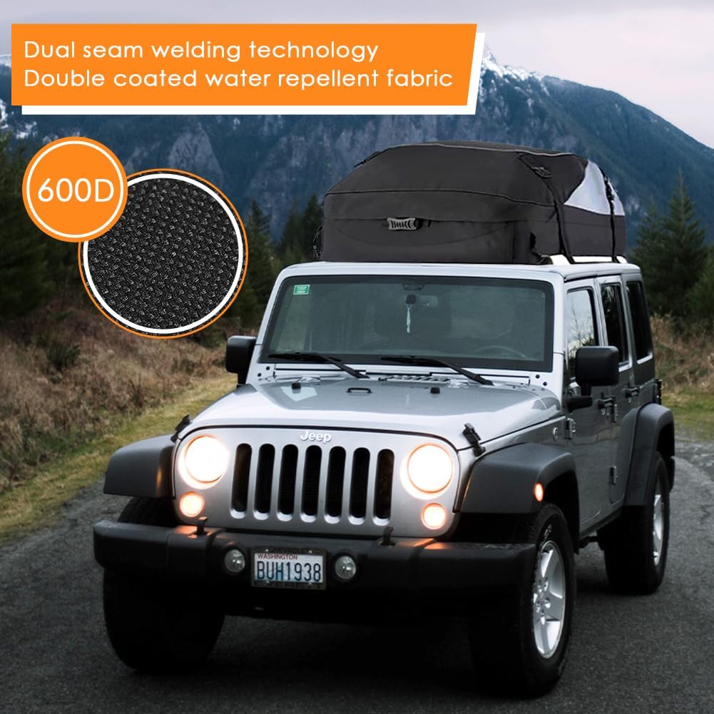 Ranikeer 21 Cubic Feet Foldable Waterproof Roof Box Bag with 6 Reinforcement Buckles for Vehicles with/without Pannier Rack, Black