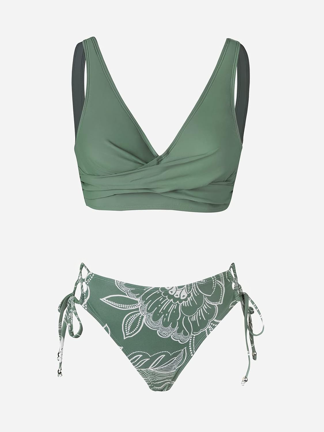 Costum de baie bikini CUPSHE cu aspect petrecut si snur, model floral, doua piese, marimea XL, verde inchis