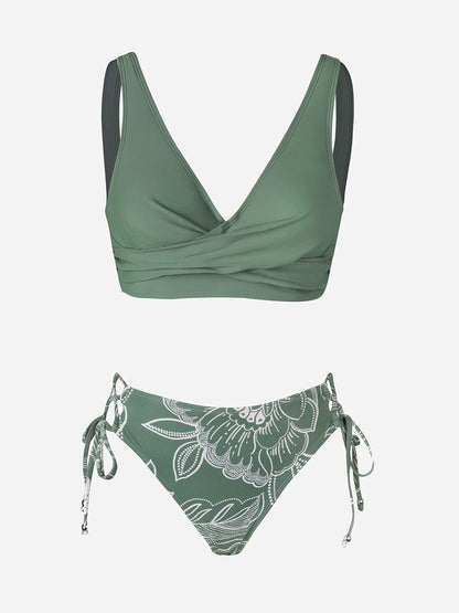 Costum de baie bikini CUPSHE cu aspect petrecut si snur, model floral, doua piese, marimea XL, verde inchis