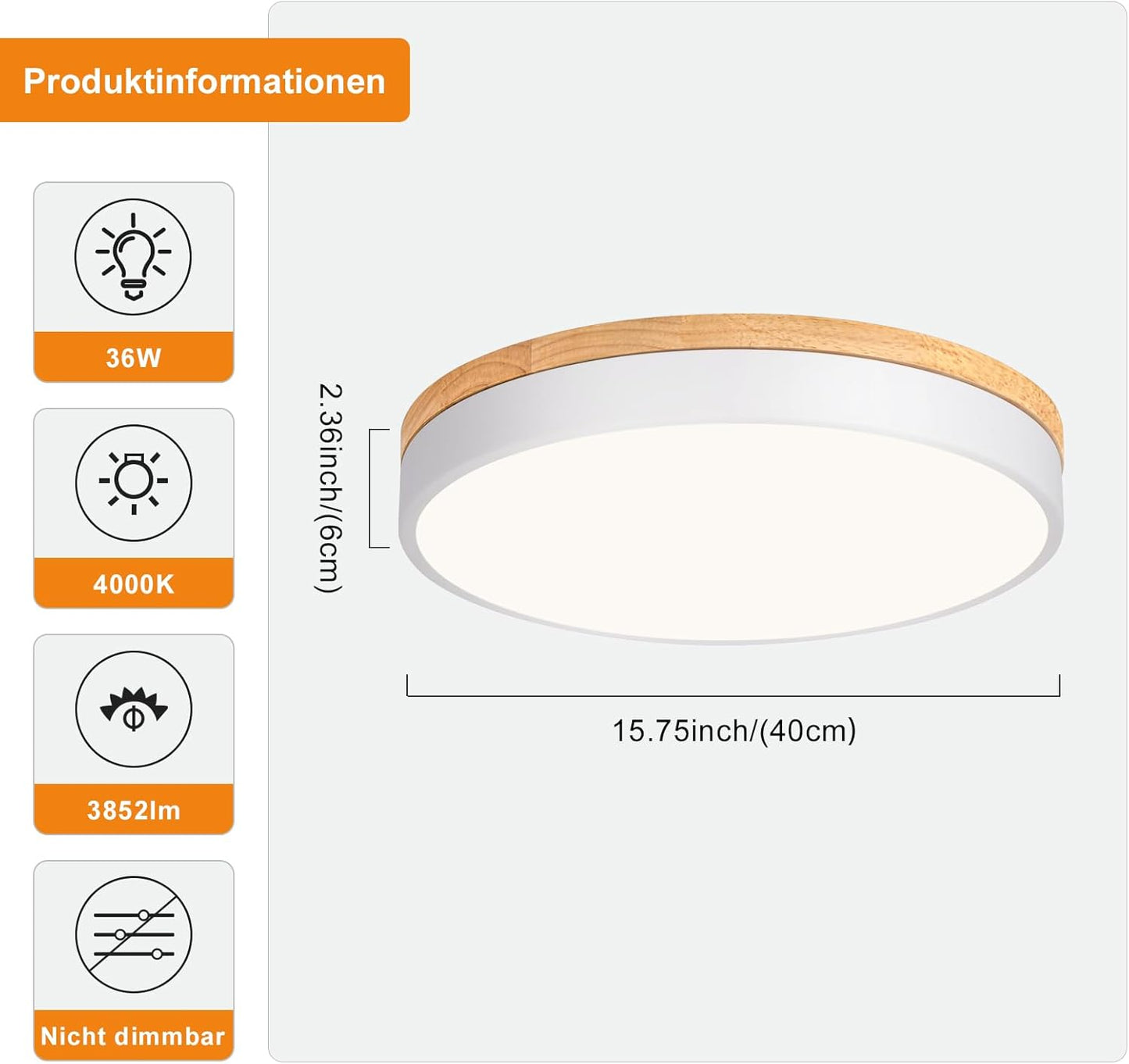 Qamra Ceiling Light, LED Ceiling Light, Wood, 40 cm, Flat Ceiling Light, White, 36 W Round Lamp for Living Room, Bedroom, Kitchen, Hallway, Dining Room, 4000 K