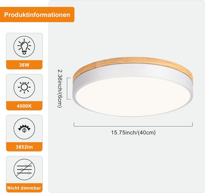 Qamra Ceiling Light, LED Ceiling Light, Wood, 40 cm, Flat Ceiling Light, White, 36 W Round Lamp for Living Room, Bedroom, Kitchen, Hallway, Dining Room, 4000 K