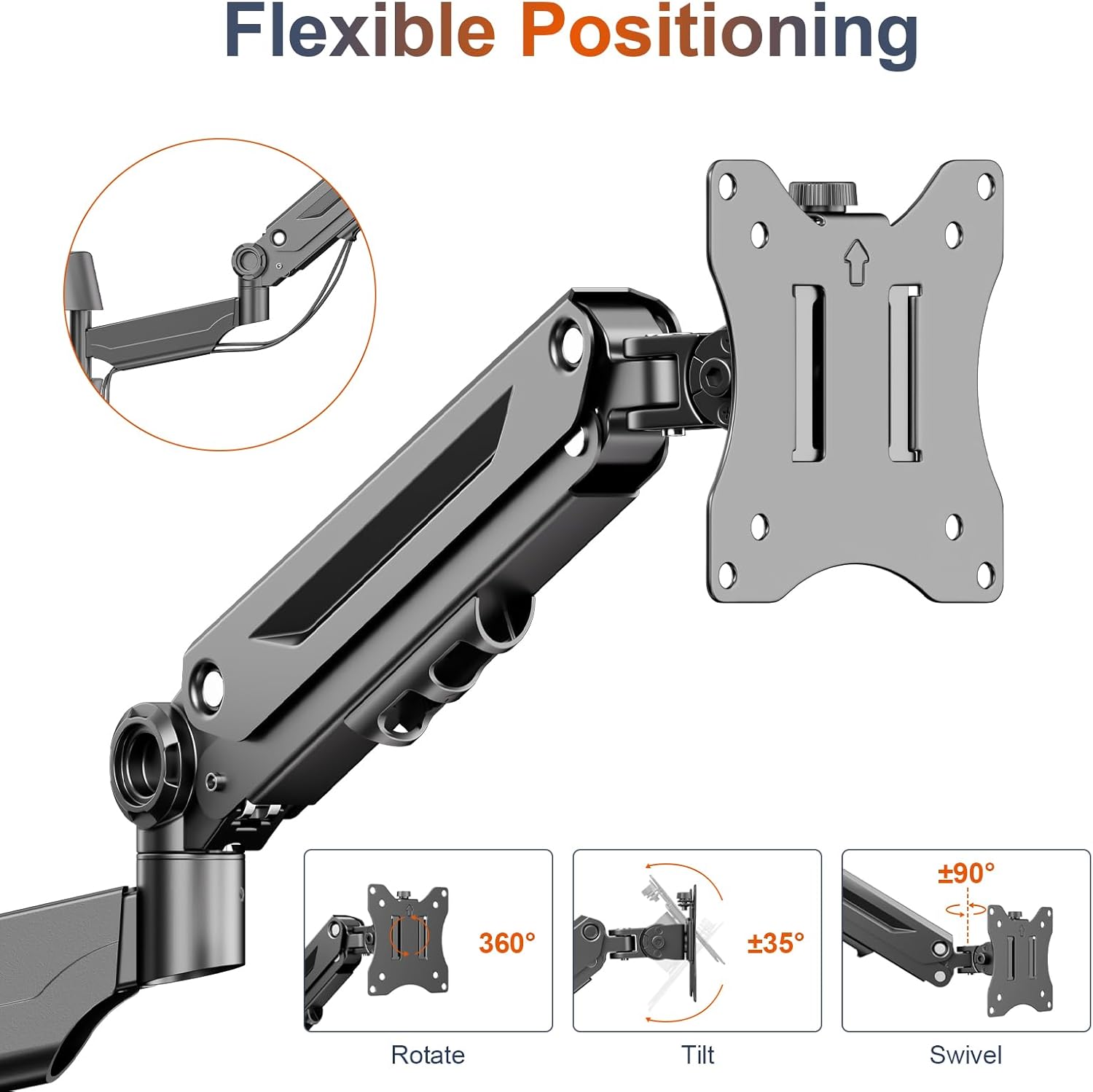 PUTORSEN Monitor Arm Wall Mount Bracket for 17-42 inch Screens, Height Adjustable Gas Spring Single Wall Monitor Mount, Tilt Swivel Rotate, Load 12KG, VESA 75x75/100x100mm, Black