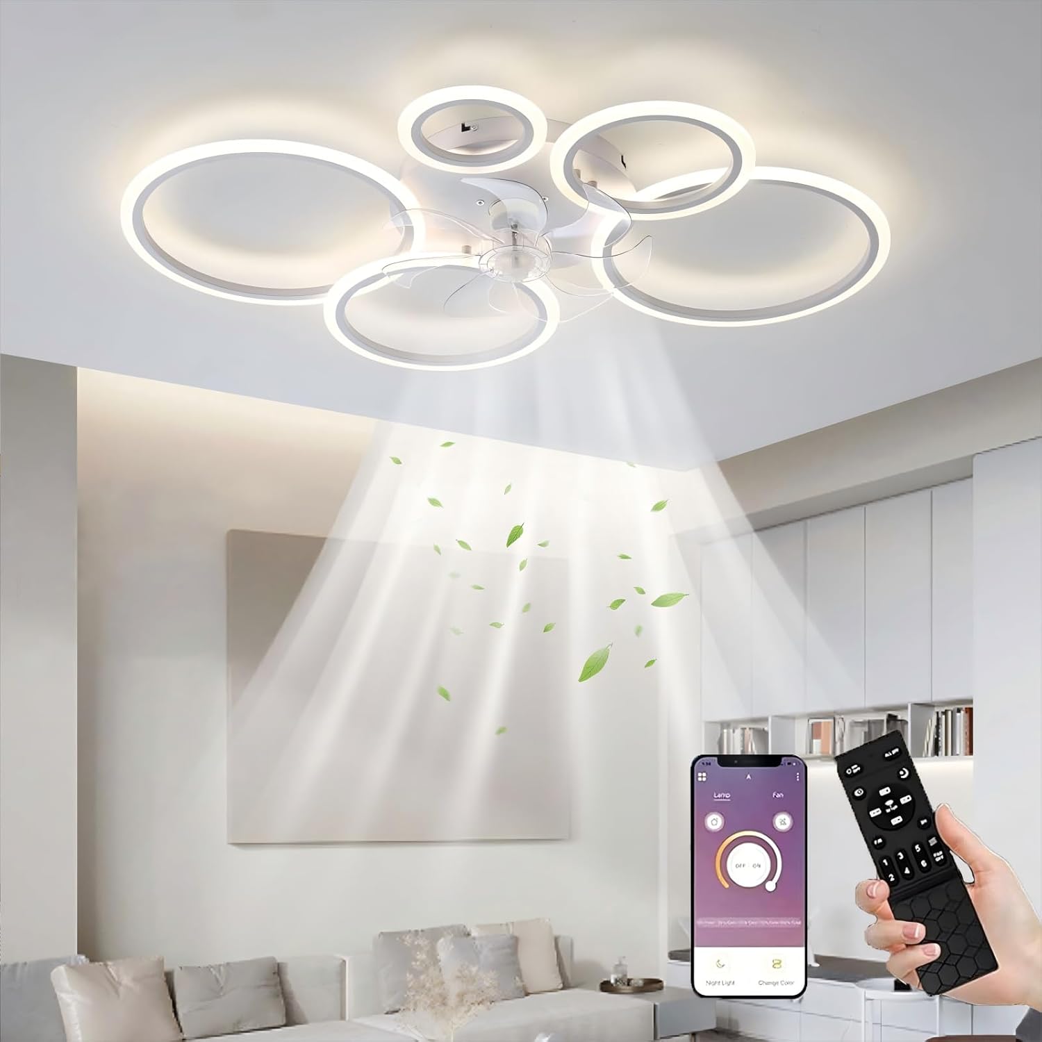 LED Ceiling Fan with Lighting, 100 cm Lamp with Fan and Remote Control App, 80 W Ceiling Light with Fan, Ceiling Fan with Light, Ceiling Fan for Bedroom, Living Room, White
