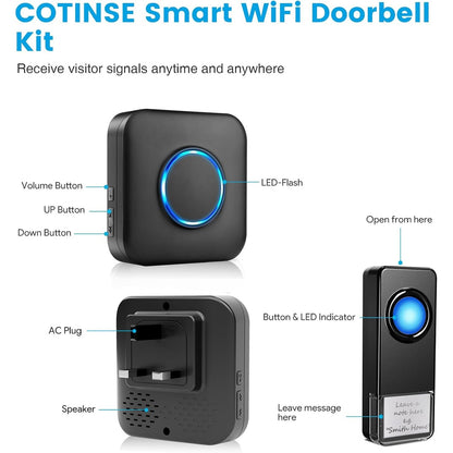 WiFi Doorbell Waterproof Outdoor, APP with No Subscription, 0-110dB Range Wireless Doorbell with 32 Melodies, Door Bell with Remote Notification, Door Bells with LED Flash for Homes, Offices