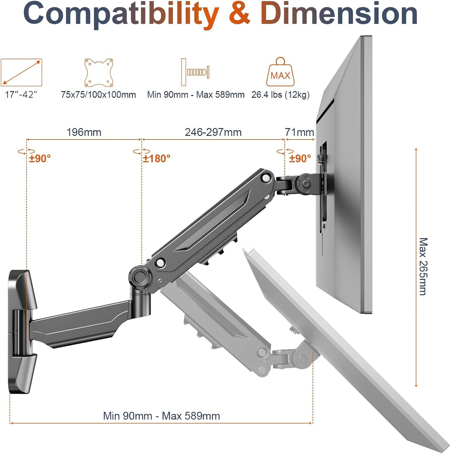 PUTORSEN Monitor Arm Wall Mount Bracket for 17-42 inch Screens, Height Adjustable Gas Spring Single Wall Monitor Mount, Tilt Swivel Rotate, Load 12KG, VESA 75x75/100x100mm, Black