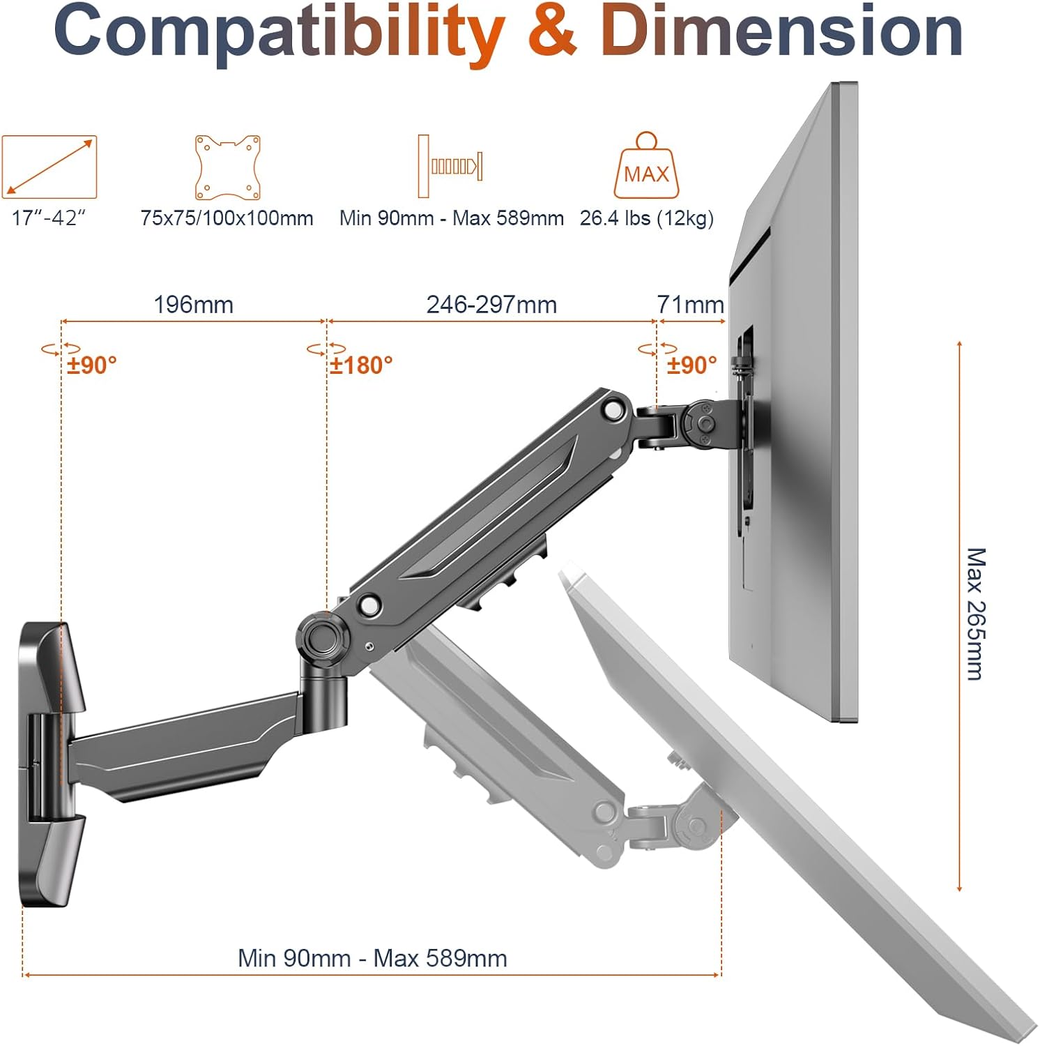 PUTORSEN Monitor Arm Wall Mount Bracket for 17-42 inch Screens, Height Adjustable Gas Spring Single Wall Monitor Mount, Tilt Swivel Rotate, Load 12KG, VESA 75x75/100x100mm, Black